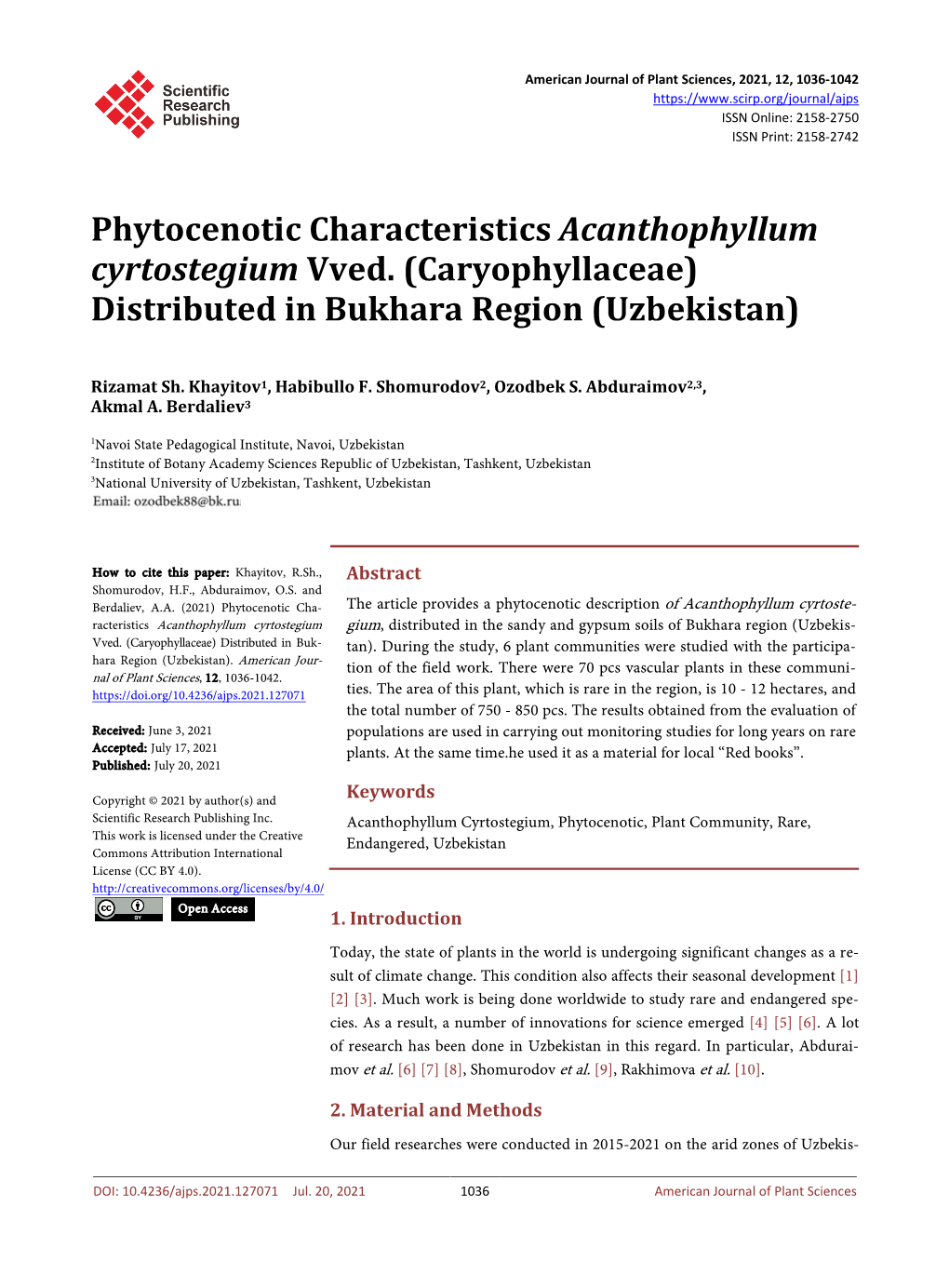 Phytocenotic Characteristics Acanthophyllum Cyrtostegium Vved. (Caryophyllaceae) Distributed in Bukhara Region (Uzbekistan)
