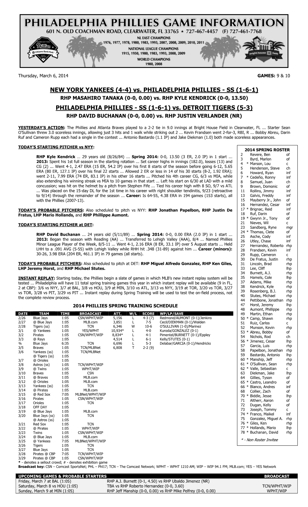 PHILADELPHIA PHILLIES - SS (1-6-1) RHP MASAHIRO TANAKA (0-0, 0.00) Vs