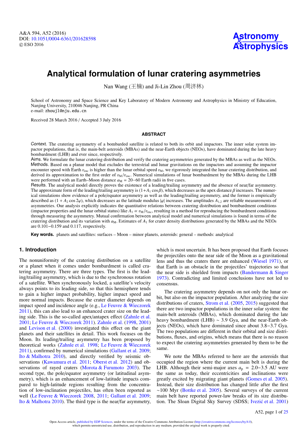 Analytical Formulation of Lunar Cratering Asymmetries Nan Wang (王楠) and Ji-Lin Zhou (周济林)