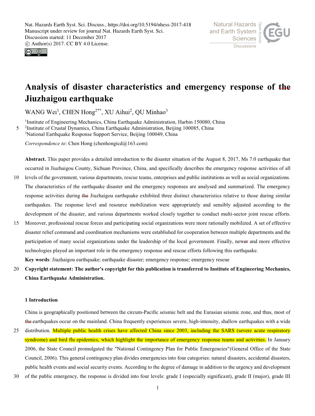 Analysis of Disaster Characteristics and Emergency Response of The