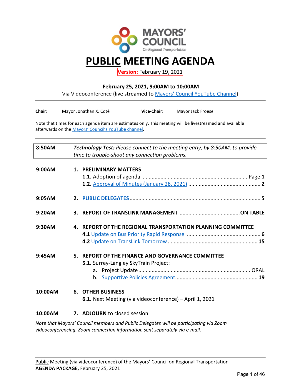 PUBLIC MEETING AGENDA Version: February 19, 2021