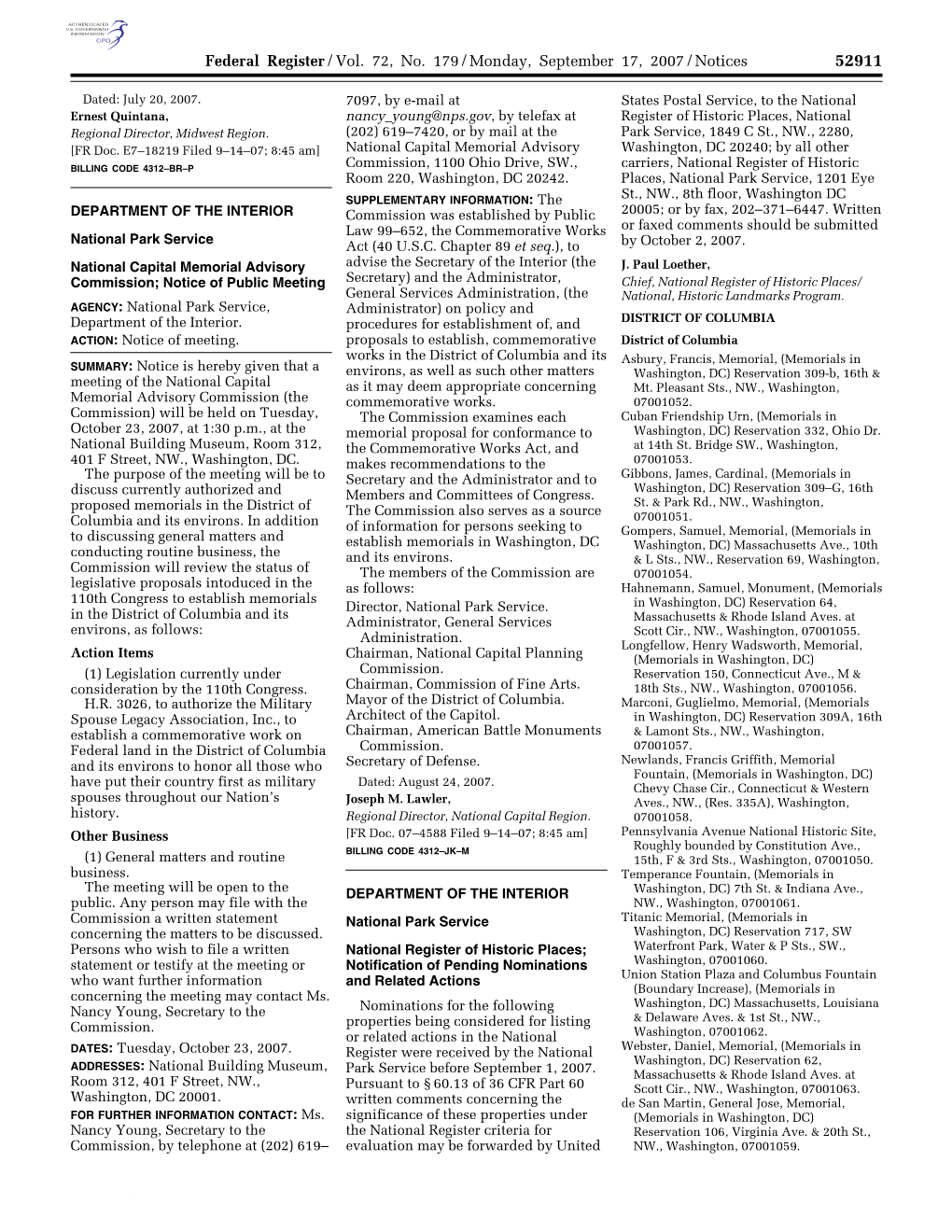 Federal Register/Vol. 72, No. 179/Monday, September 17, 2007