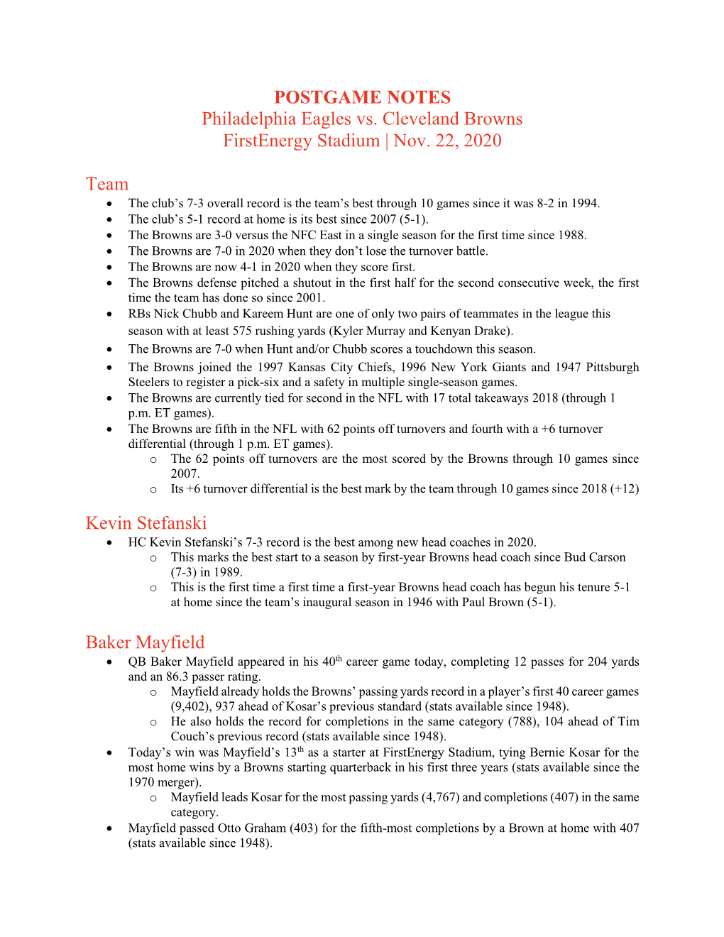 POSTGAME NOTES Philadelphia Eagles Vs. Cleveland Browns Firstenergy Stadium | Nov