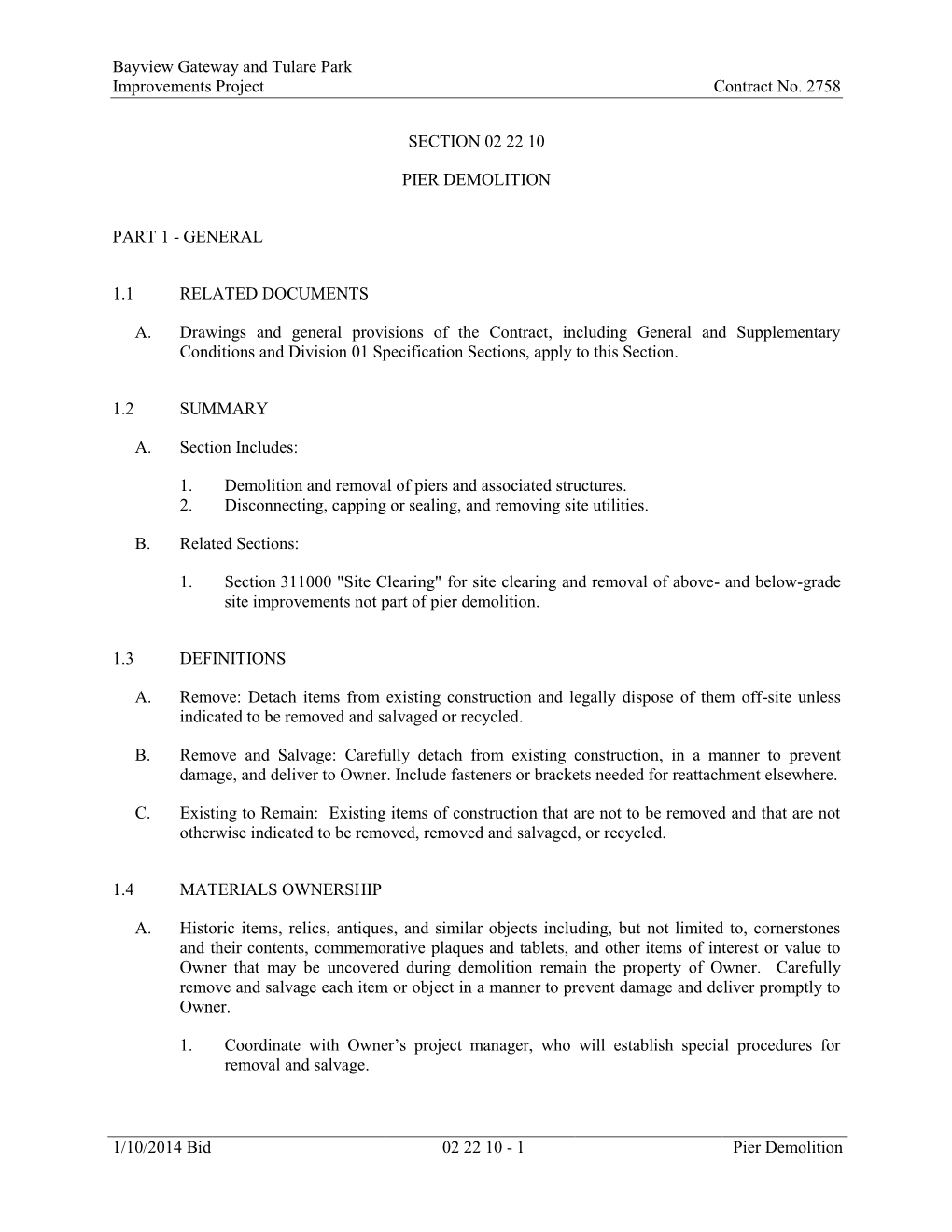 Bayview Gateway and Tulare Park Improvements Project Contract No