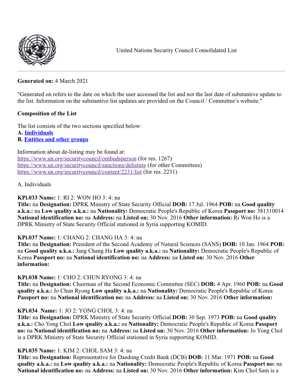 United Nations Security Council Consolidated List Generated On