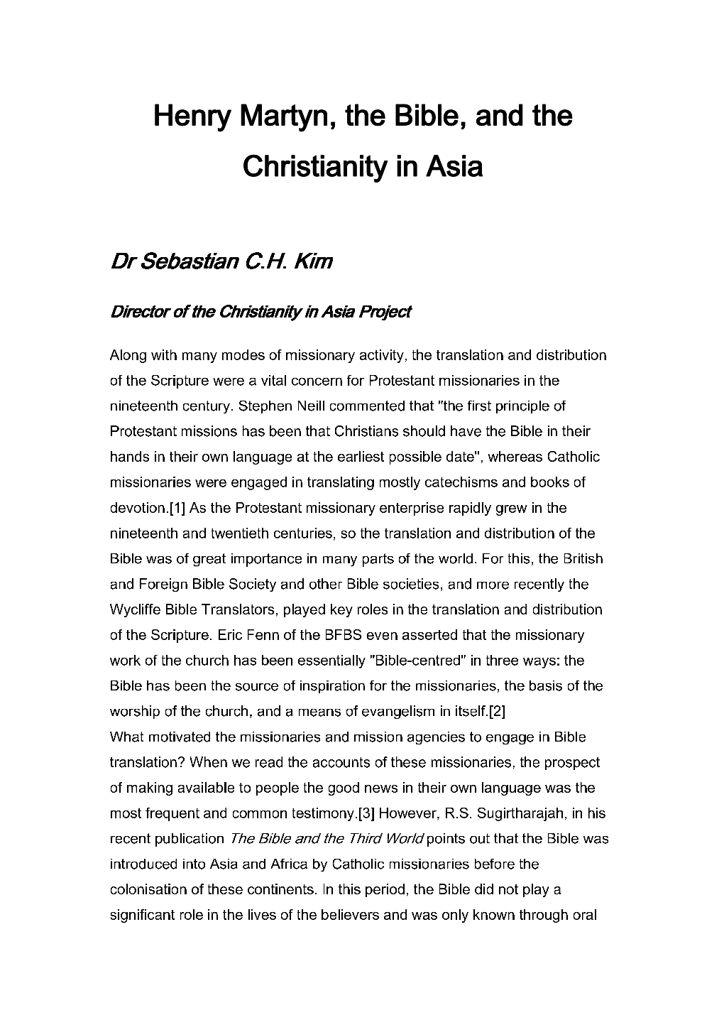 Henry Martyn, the Bible, and the Christianity in Asia Christianity in Asia