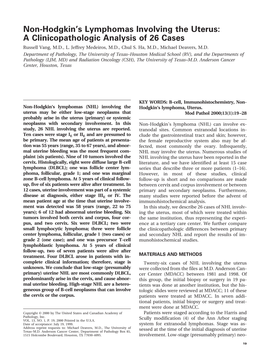 Non-Hodgkin's Lymphomas Involving the Uterus