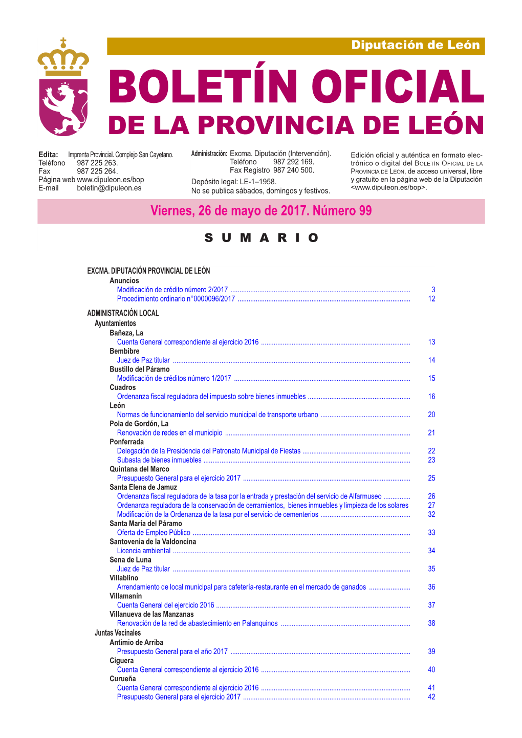 BOLETÍN OFICIAL DE LA PROVINCIA DE LEÓN Edita: Imprenta Provincial