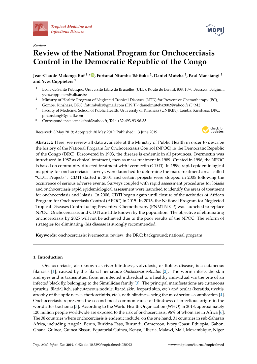Review of the National Program for Onchocerciasis Control in the Democratic Republic of the Congo