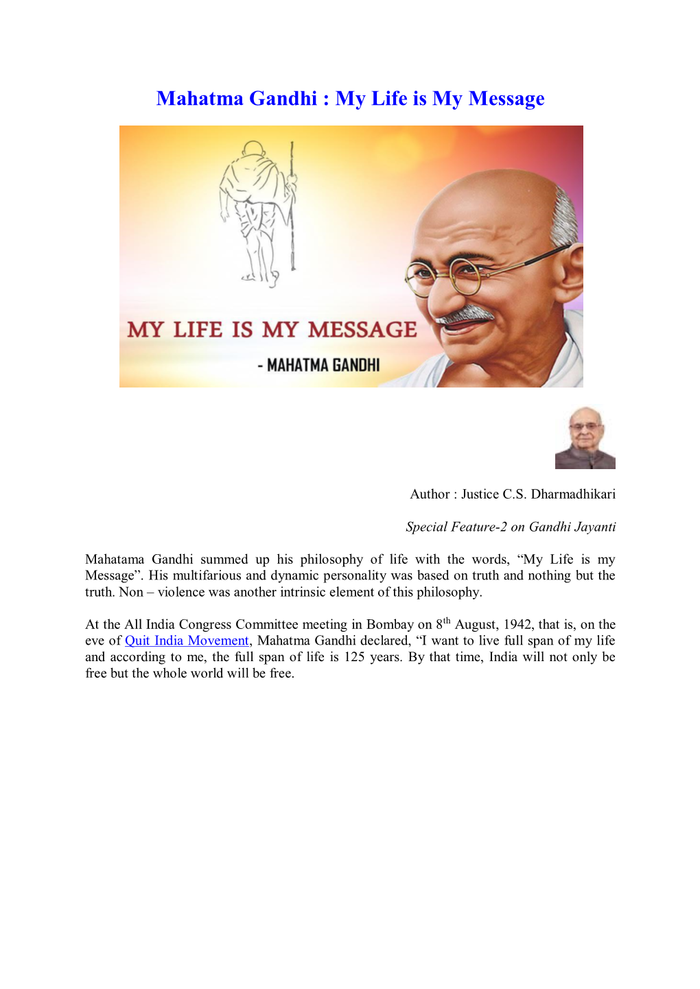 Mahatma Gandhi : My Life Is My Message
