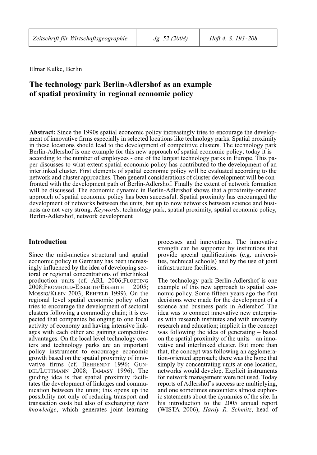 The Technology Park Berlin-Adlershof As an Example of Spatial Proximity in Regional Economic Policy