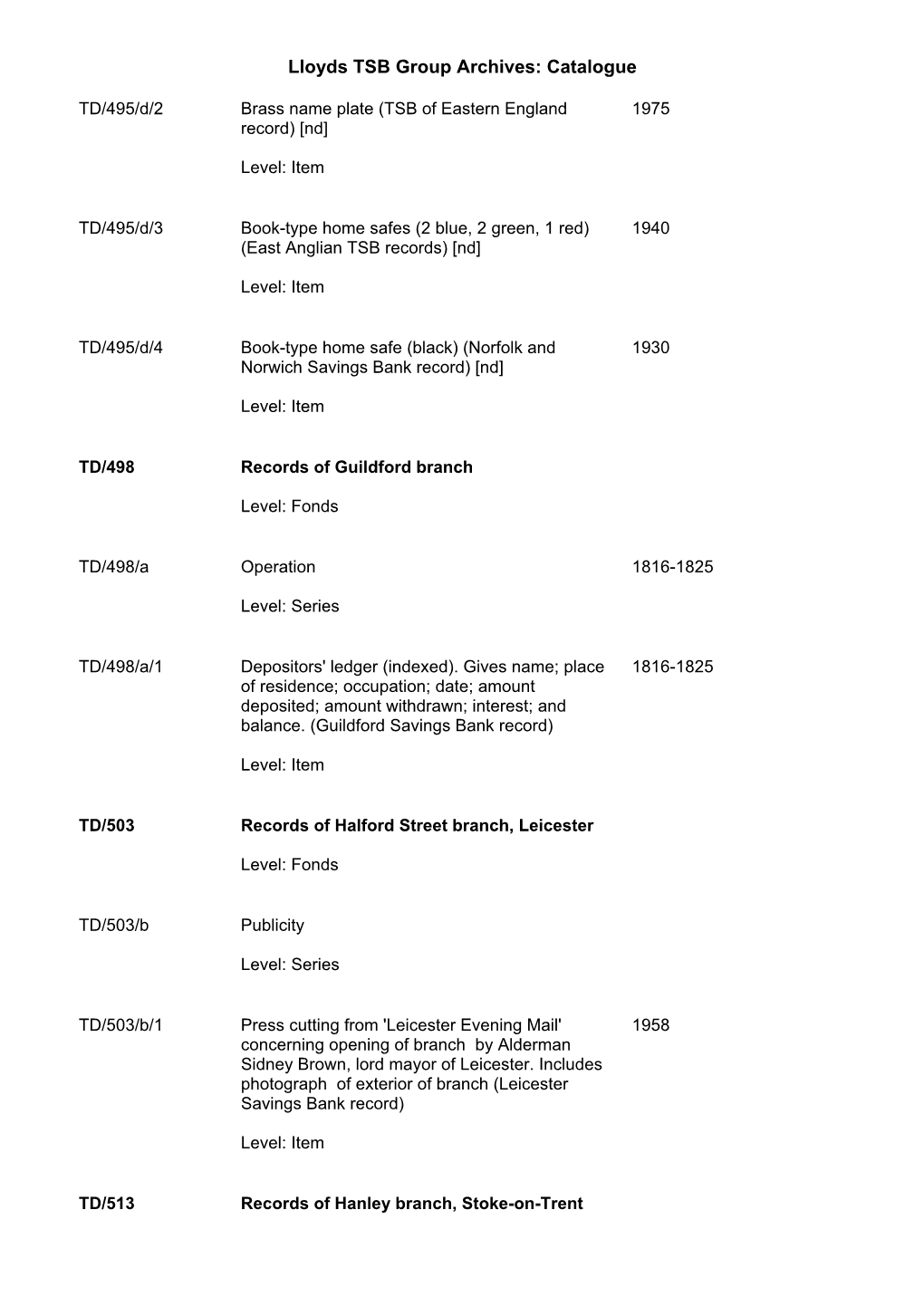 Lloyds TSB Group Archives: Catalogue