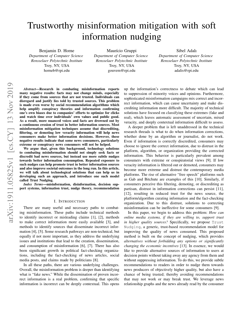 Trustworthy Misinformation Mitigation with Soft Information Nudging