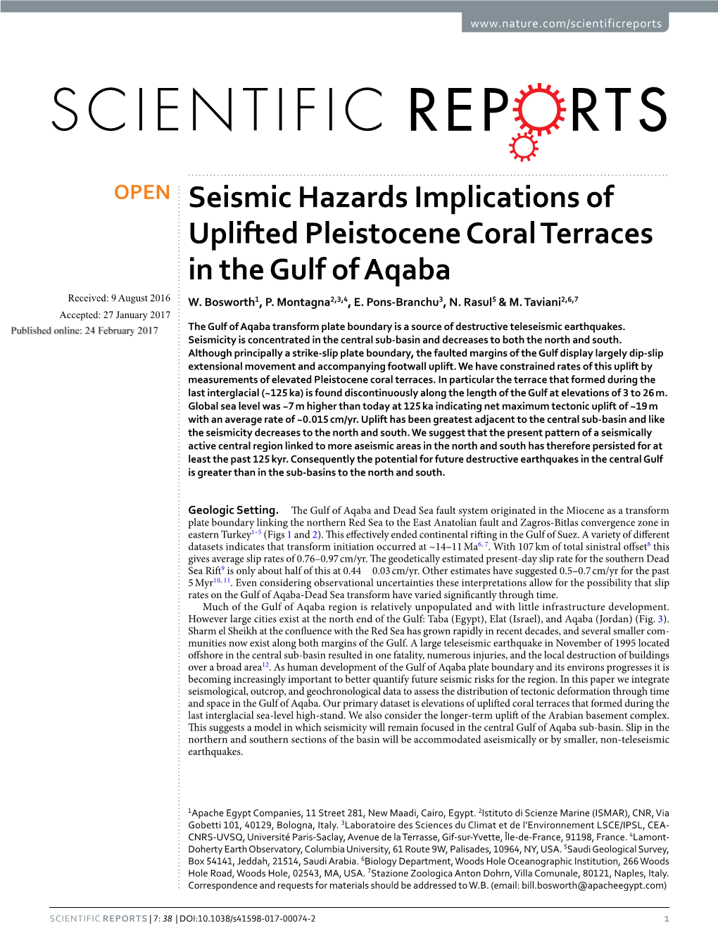 Seismic Hazards Implications of Uplifted Pleistocene Coral Terraces in the Gulf of Aqaba Received: 9 August 2016 W