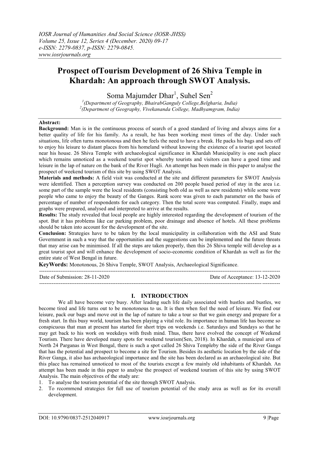 Prospect Oftourism Development of 26 Shiva Temple in Khardah: an Approach Through SWOT Analysis