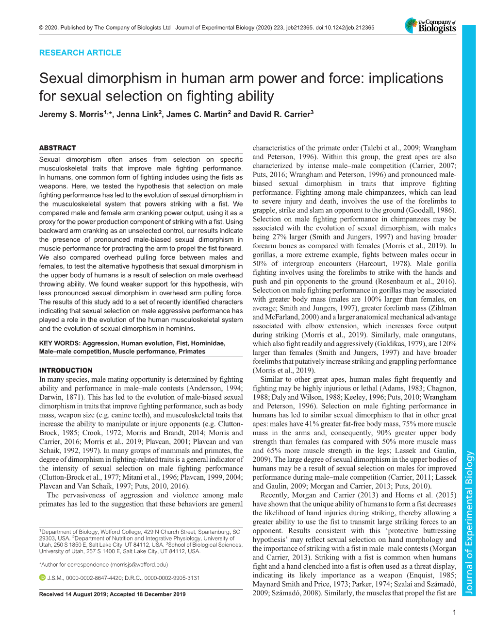 Sexual Dimorphism in Human Arm Power and Force: Implications for Sexual Selection on Fighting Ability Jeremy S