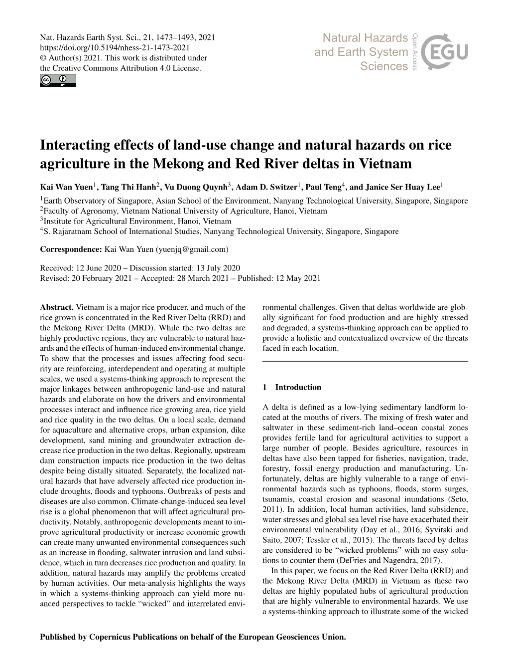 Interacting Effects of Land-Use Change and Natural Hazards on Rice Agriculture in the Mekong and Red River Deltas in Vietnam