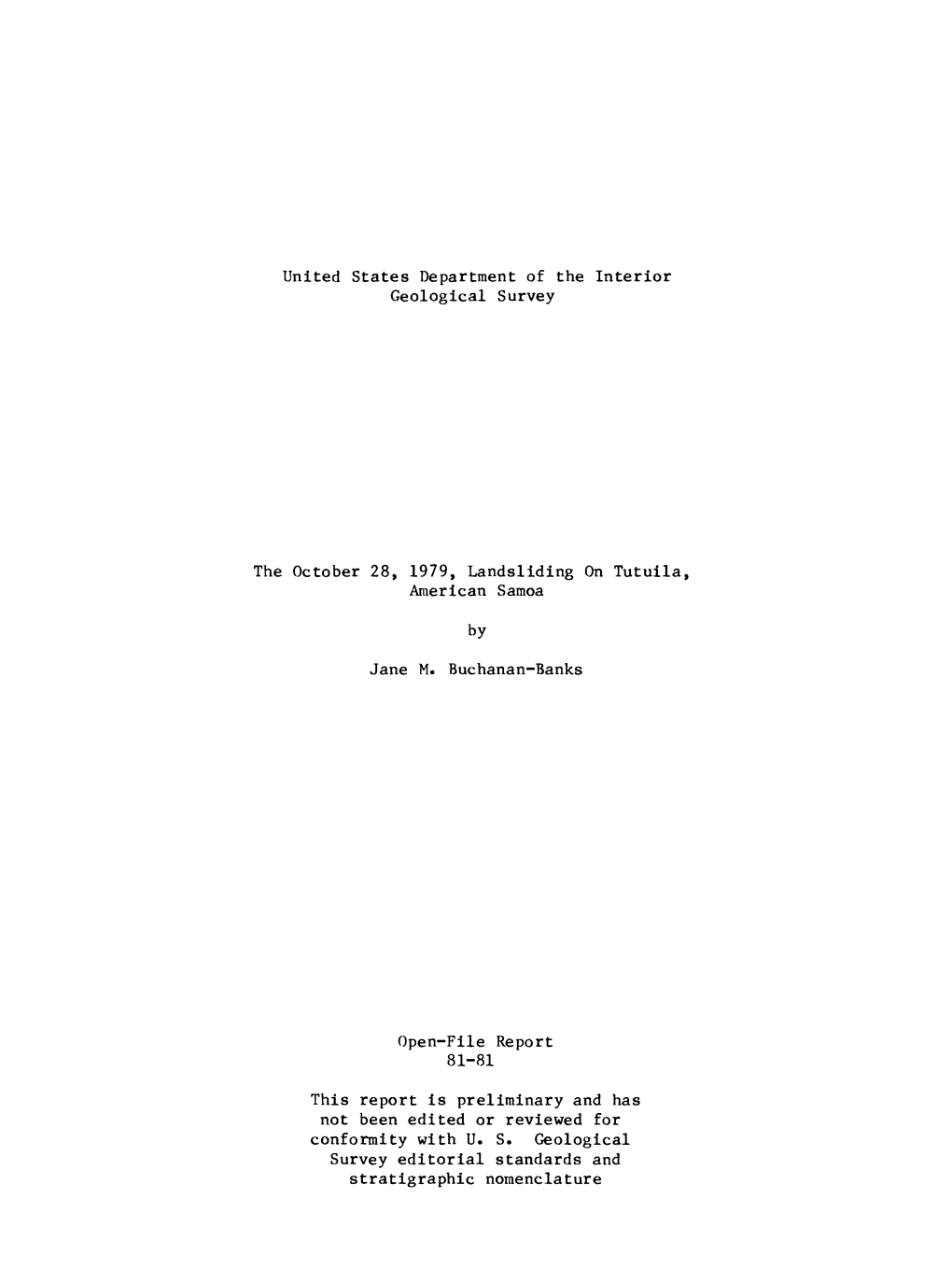United States Department of the Interior Geological Survey the October 28, 1979, Landsliding on Tutuila, American Samoa by Jane