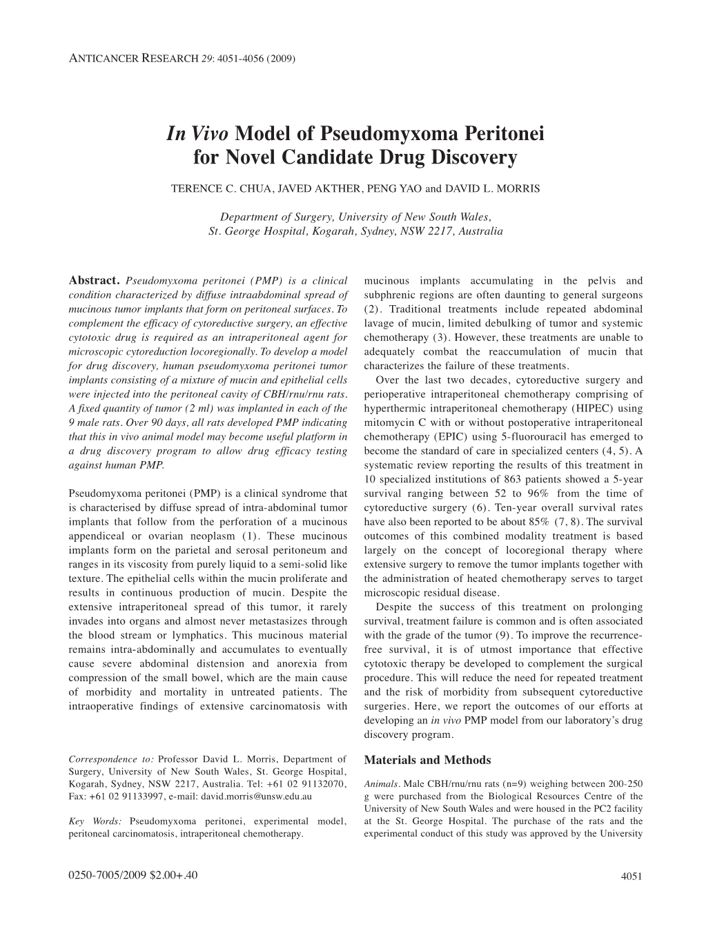 In Vivo Model of Pseudomyxoma Peritonei for Novel Candidate Drug Discovery