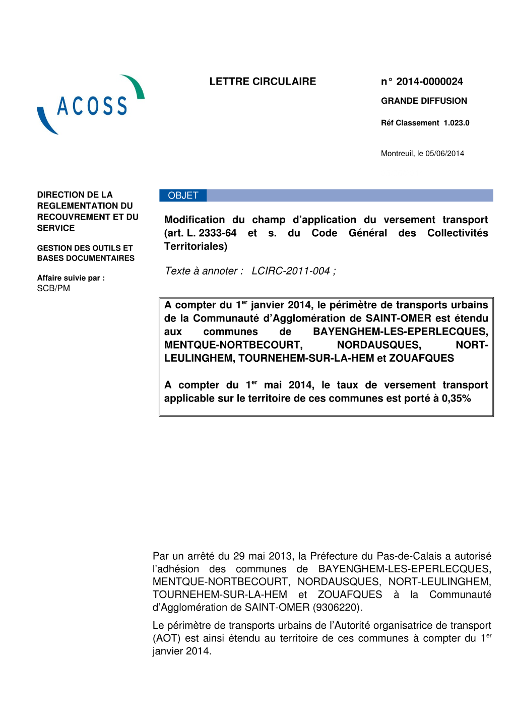 LETTRE CIRCULAIRE N° 20140000024 Modification Du Champ D'application Du Versement Transport