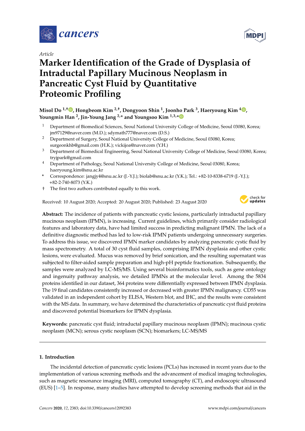 Marker Identification of the Grade of Dysplasia of Intraductal Papillary