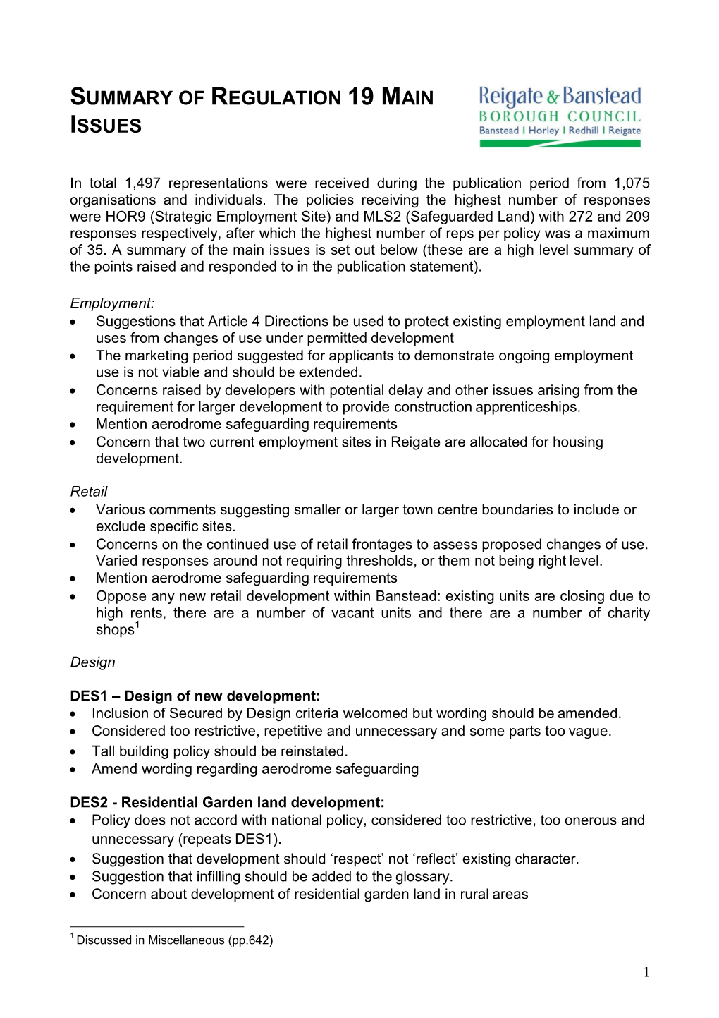 Summary of Regulation 19 Main Issues