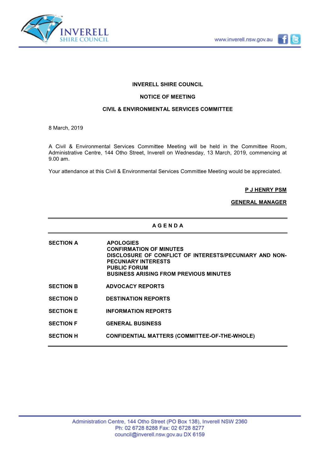 Inverell Shire Council Notice of Meeting Civil