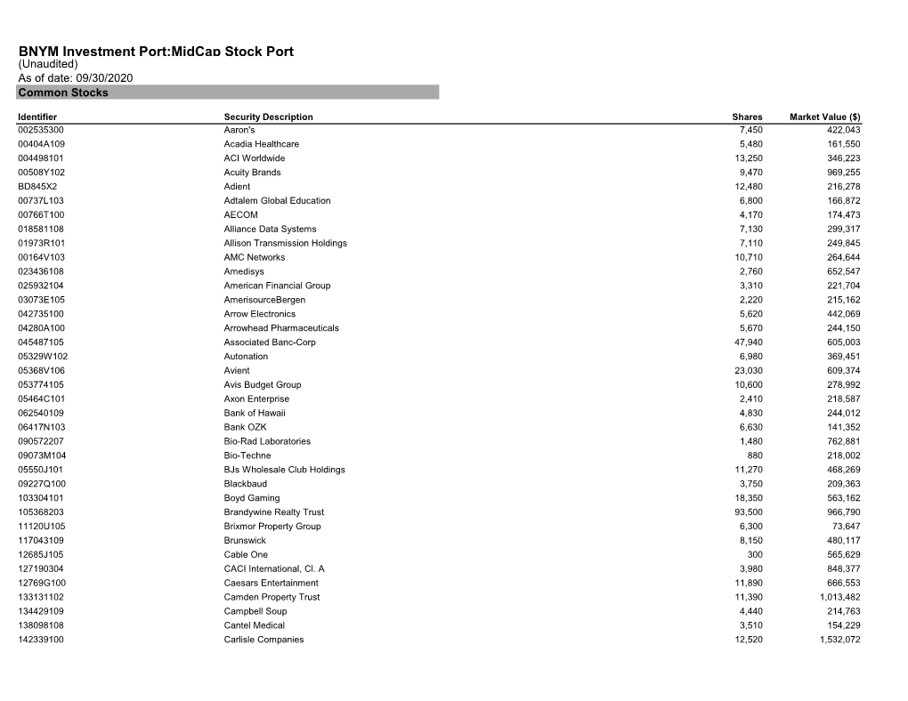 BNYM Investment Port:Midcap Stock Port (Unaudited) As of Date: 09/30/2020 Common Stocks