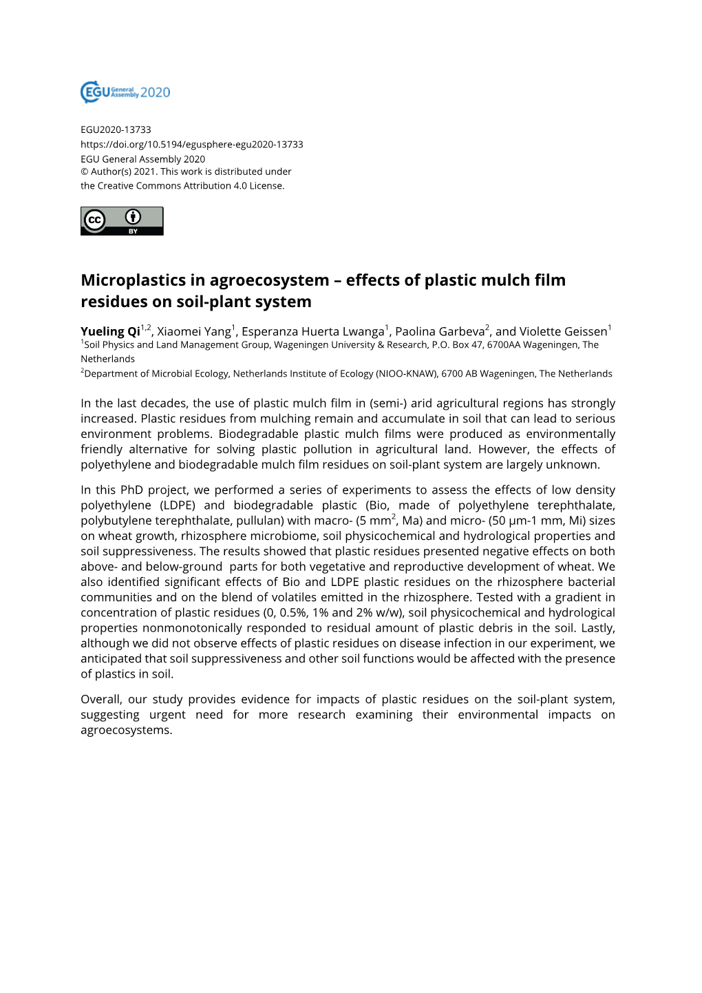 Effects of Plastic Mulch Film Residues on Soil-Plant System