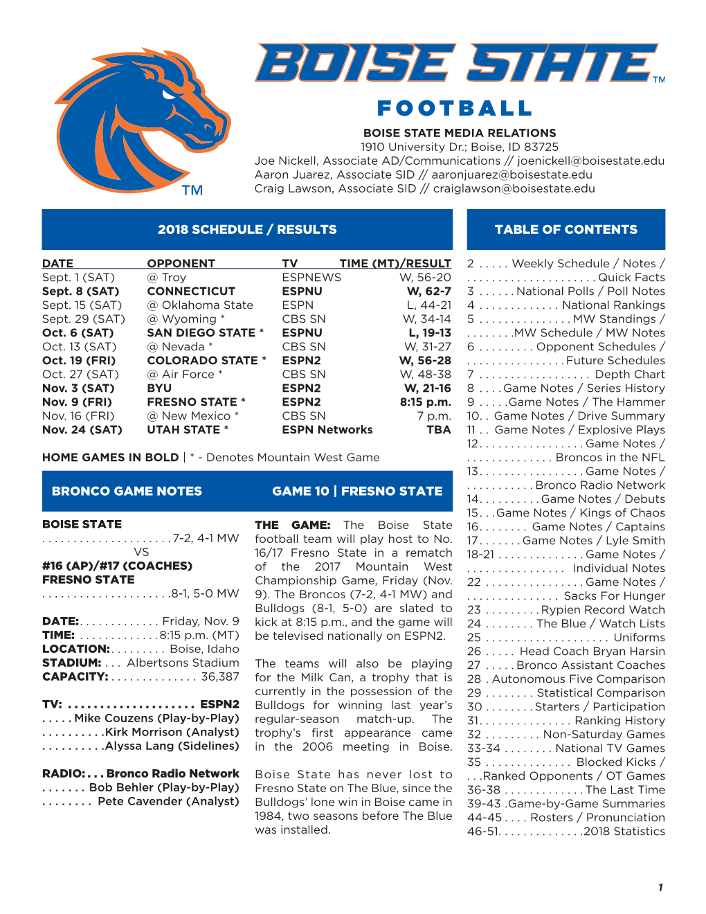 2018 Schedule / Results Bronco Game Notes Game 10