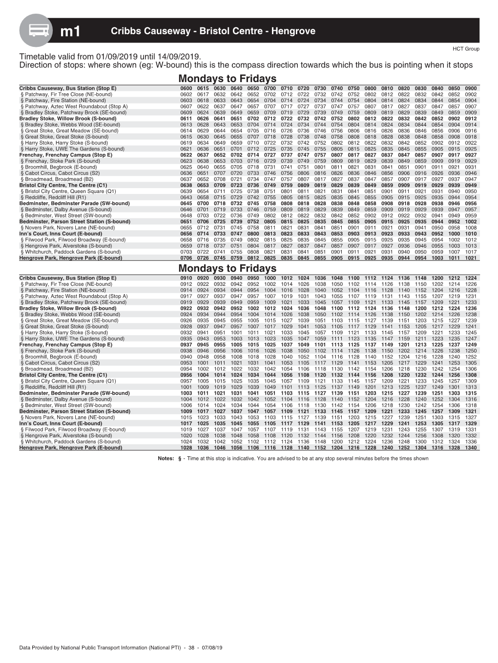 Timetable from 1St September 2019