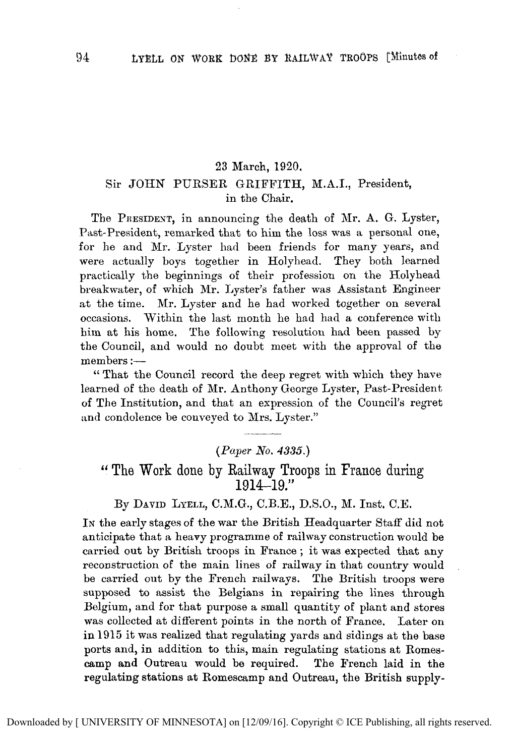 The Work Done by Railway Troops in France During 1914-19.” by DAVIDLYELL, C.M.G., C.B.E., D.S.O., M