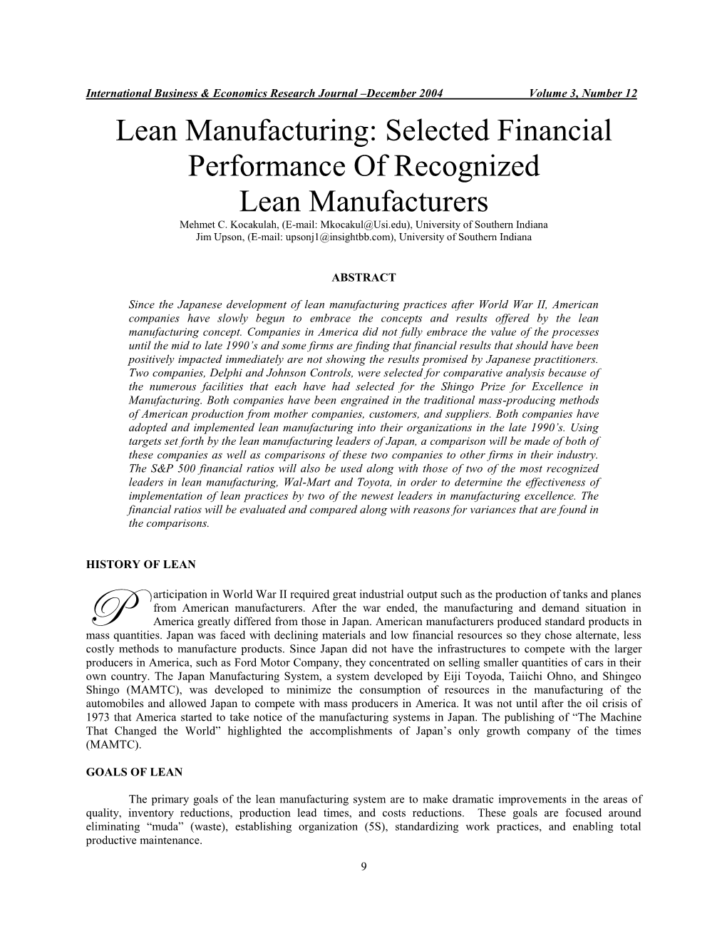 Lean Manufacturing: Selected Financial Performance of Recognized Lean Manufacturers Mehmet C