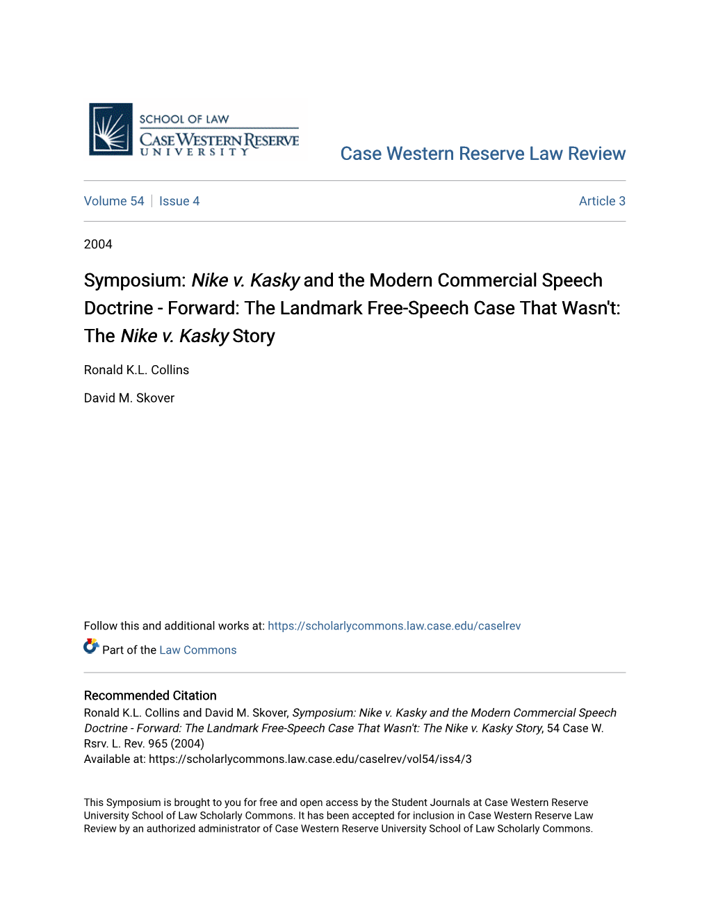 Nike V. Kasky and the Modern Commercial Speech Doctrine - Forward: the Landmark Free-Speech Case That Wasn't: the Nike V