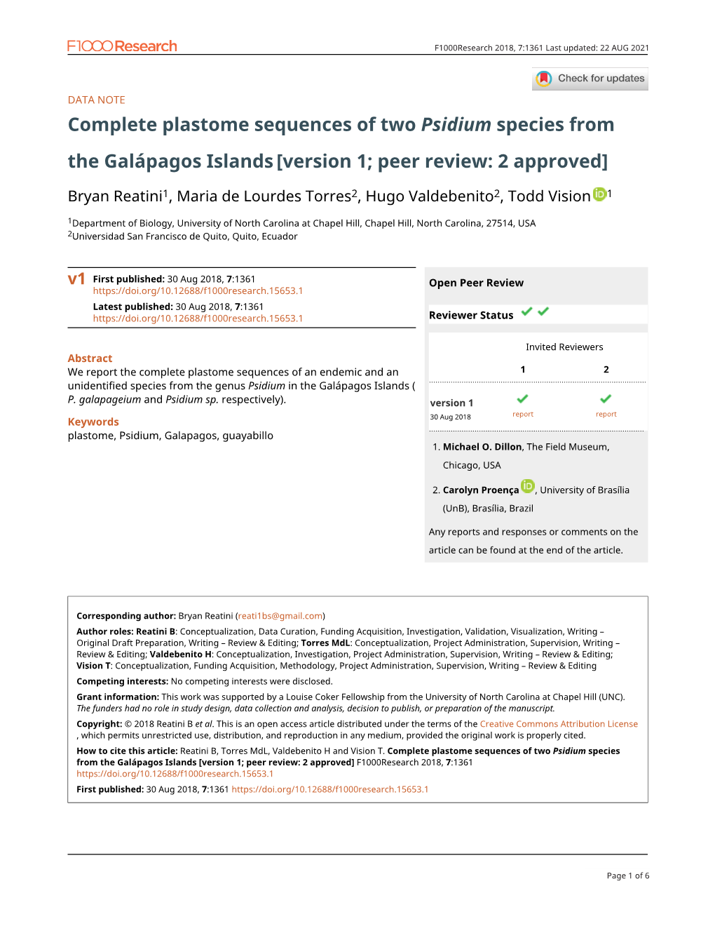 Complete Plastome Sequences of Two Psidium Species from the Galápagos Islands [Version 1; Peer Review: 2 Approved]