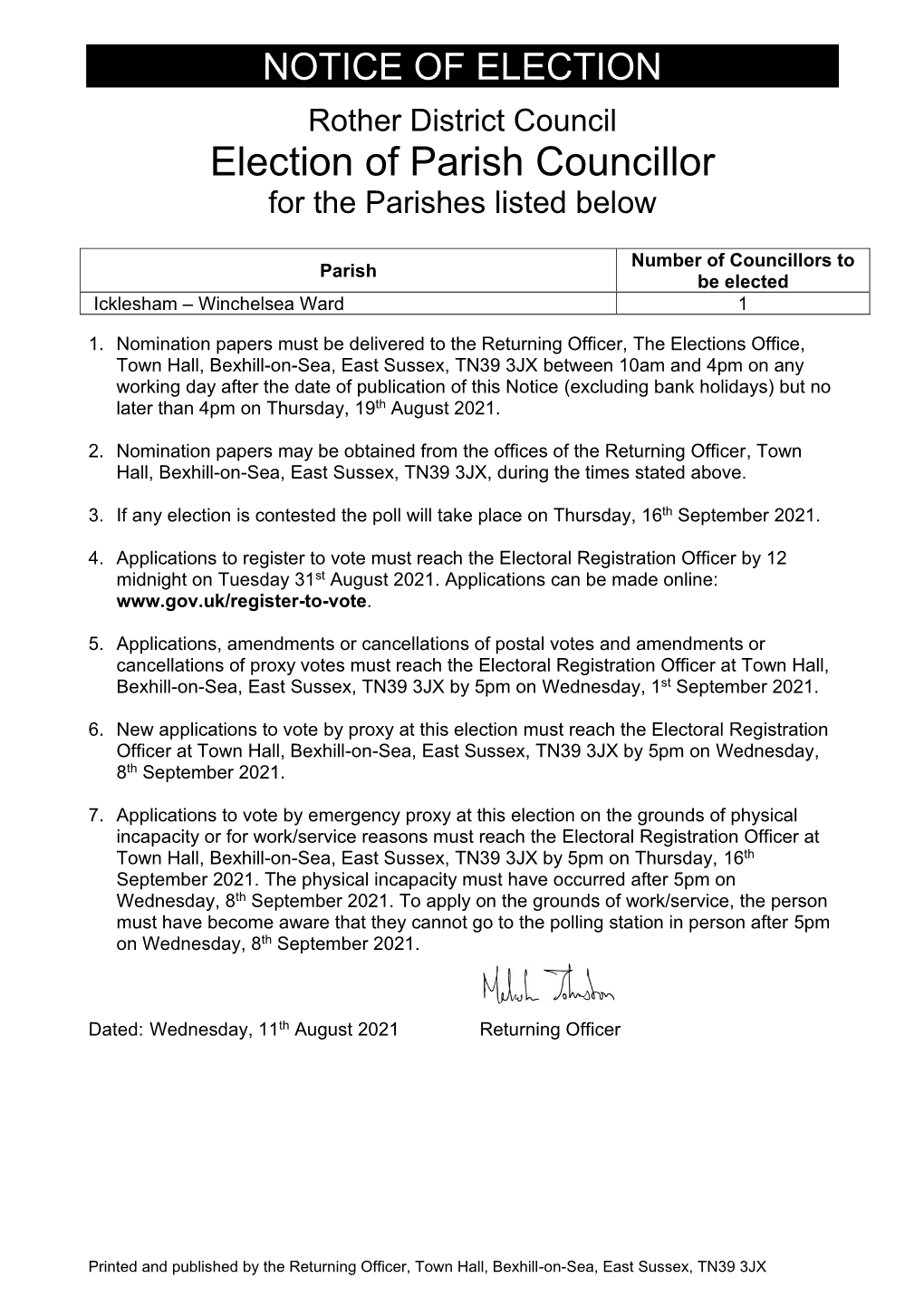 Election of Parish Councillor for the Parishes Listed Below
