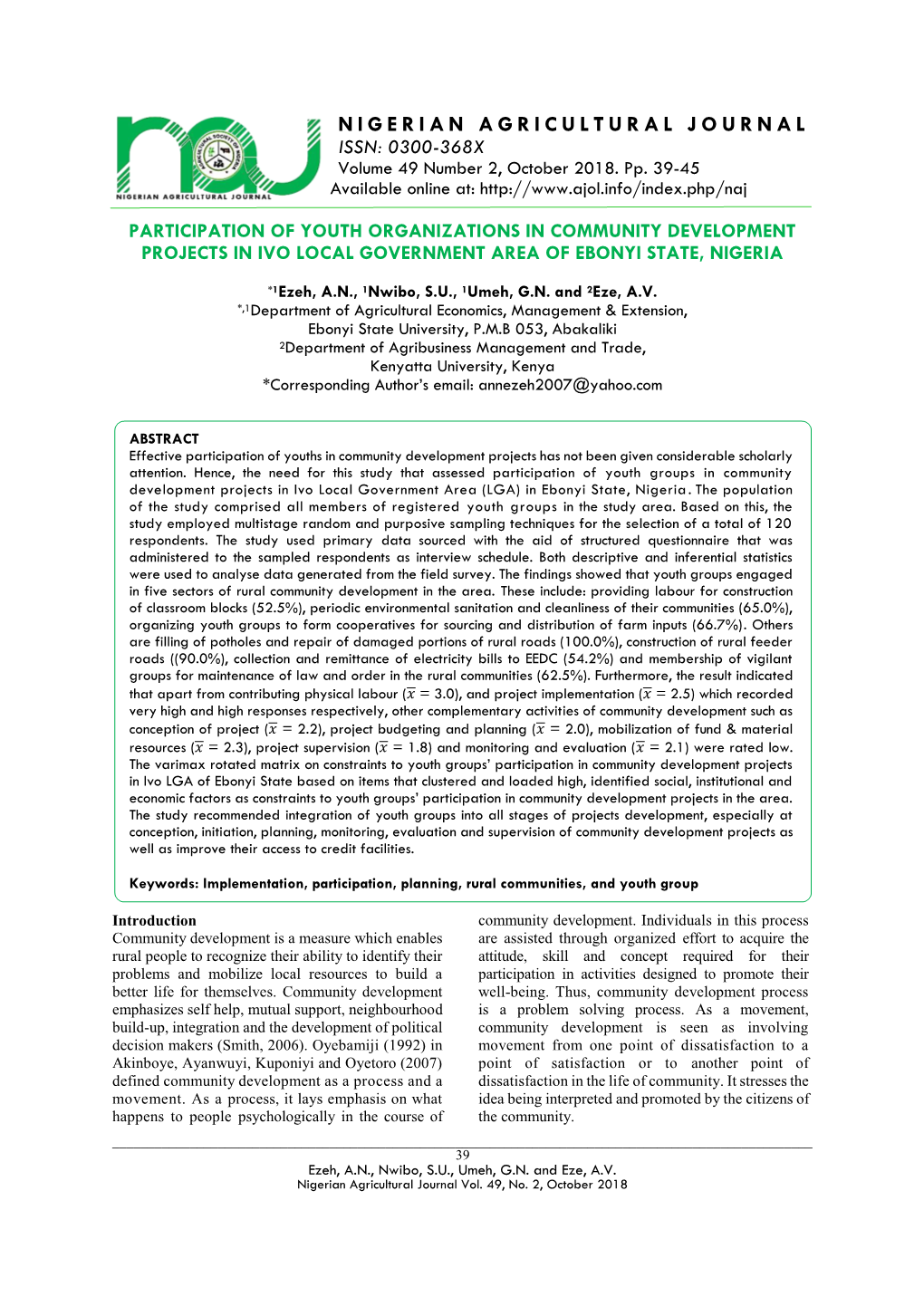 NIGERIAN AGRICULTURAL JOURNAL ISSN: 0300-368X Volume 49 Number 2, October 2018