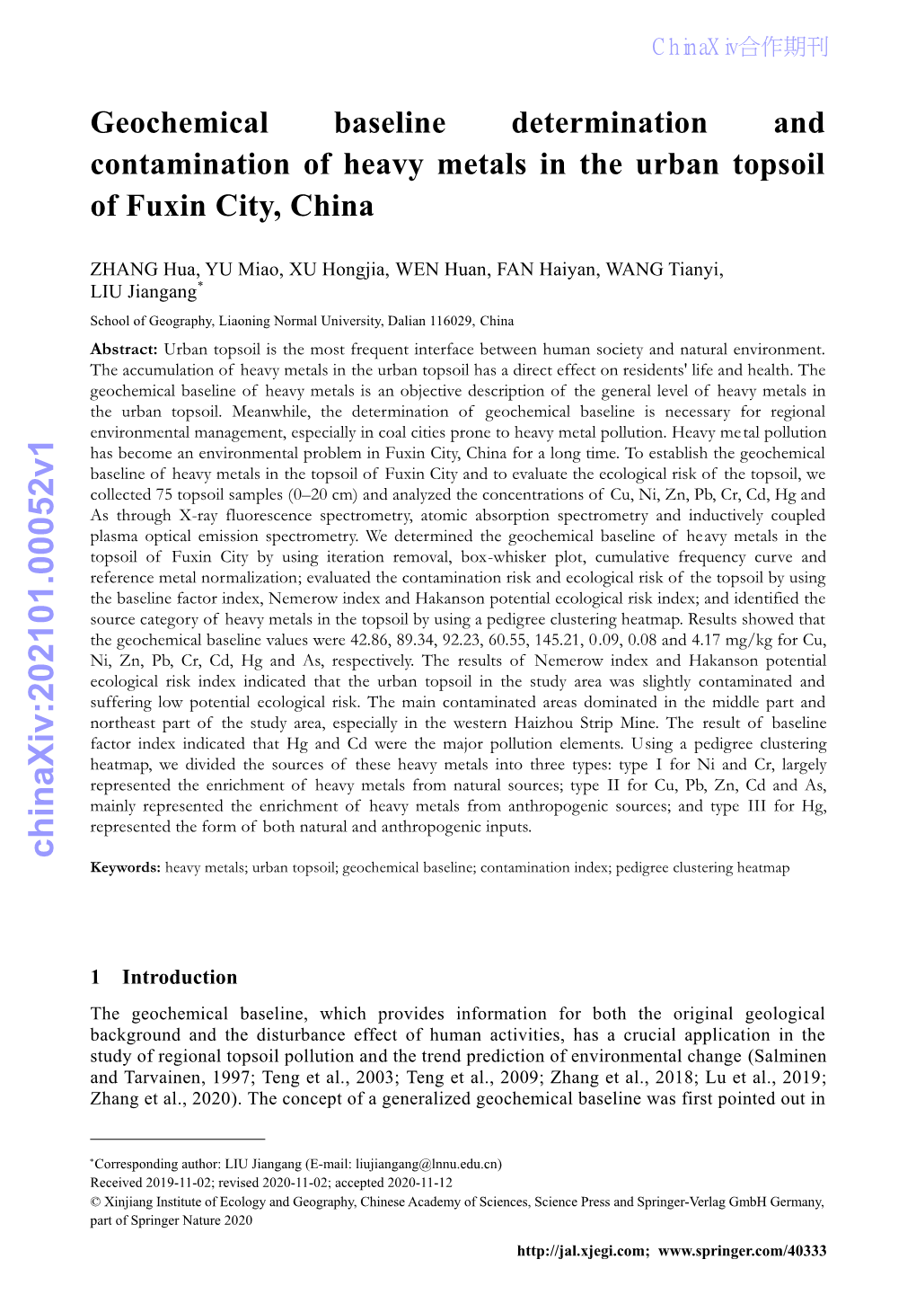 Geochemical Baseline Determination and Contamination of Heavy Metals in the Urban Topsoil of Fuxin City, China