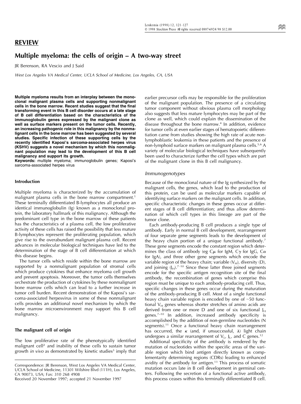 REVIEW Multiple Myeloma: the Cells of Origin – a Two-Way Street