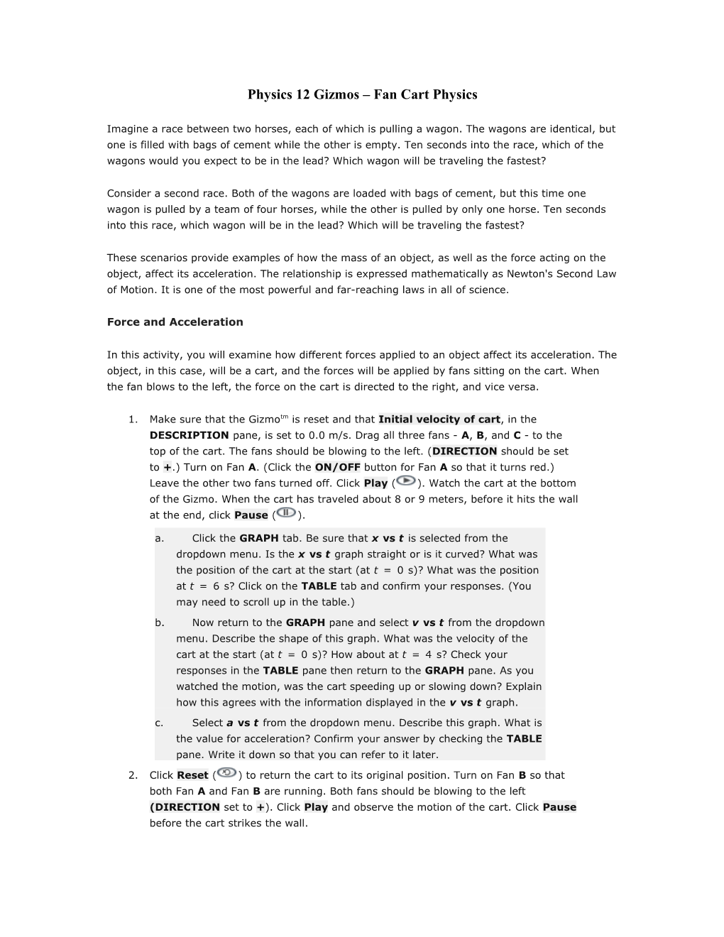 Physics 12 Gizmos Fan Cart Physics