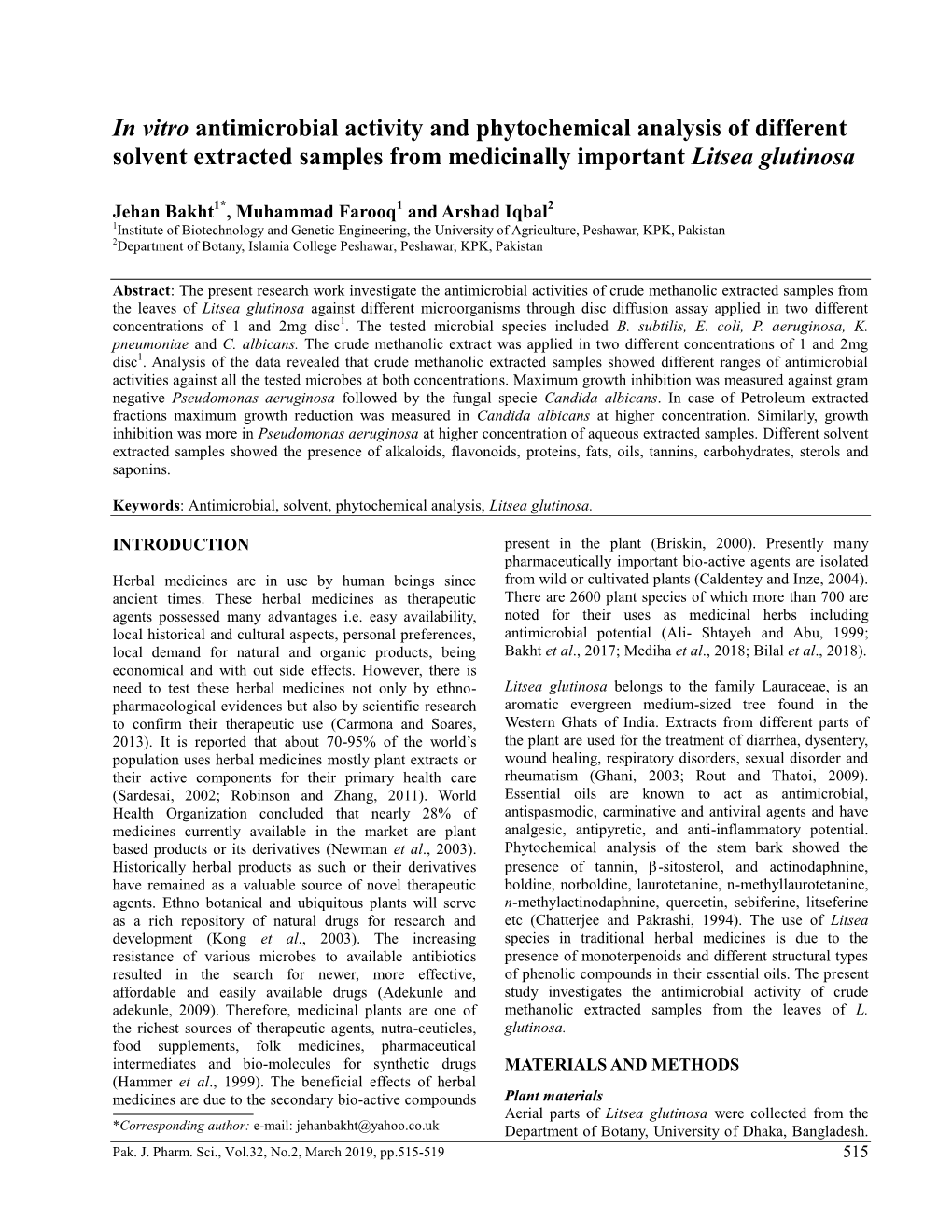 In Vitro Antimicrobial Activity and Phytochemical Analysis of Different Solvent Extracted Samples from Medicinally Important Litsea Glutinosa