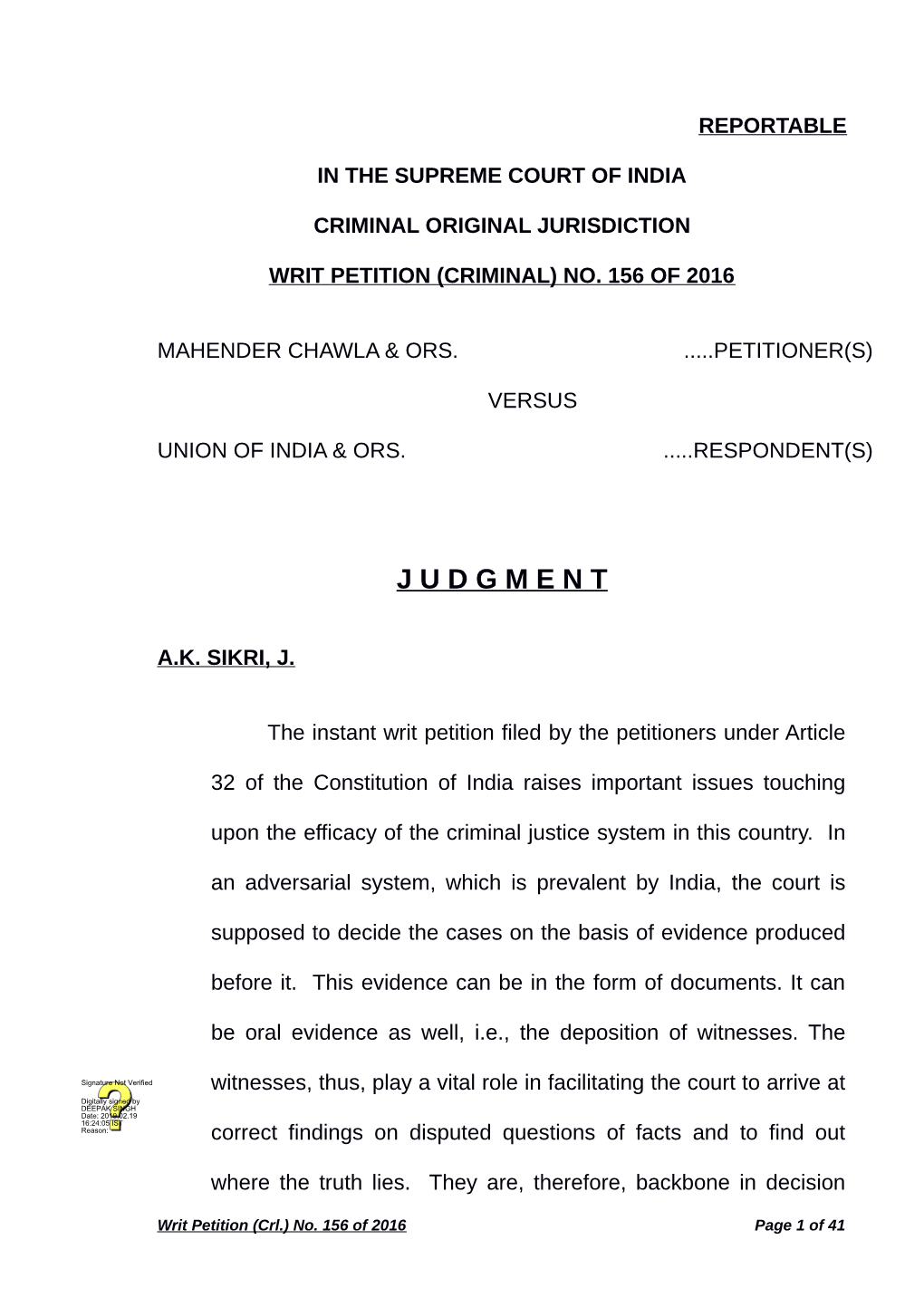 Judgment No. WP (Crl) 156 of 2016 of Hon'ble Supreme Court of India