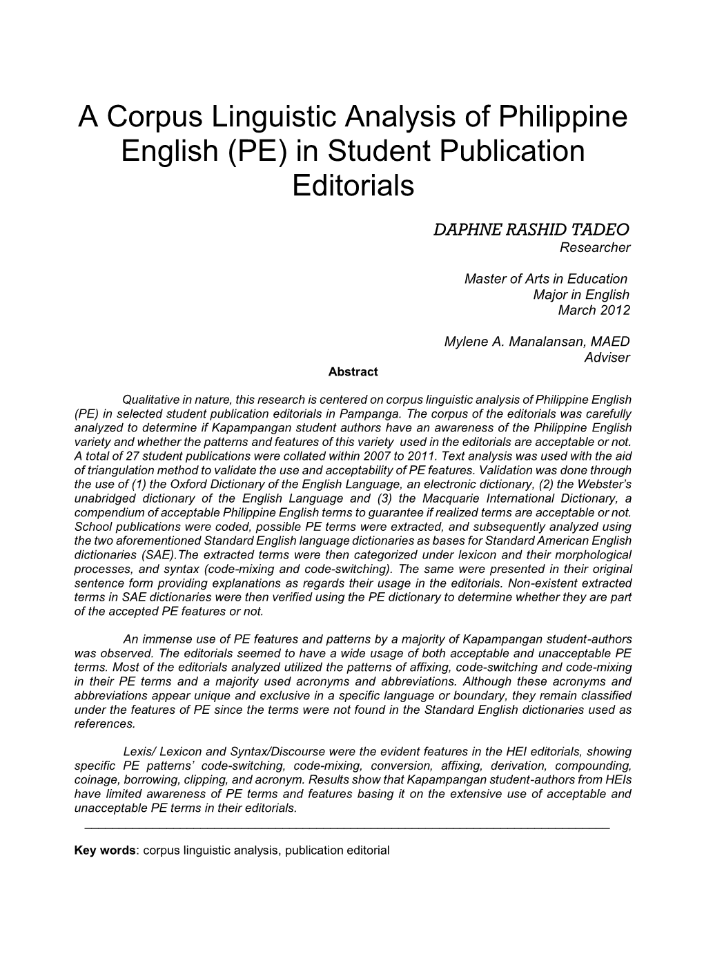 A Corpus Linguistic Analysis of Philippine English (PE) in Student Publication Editorials