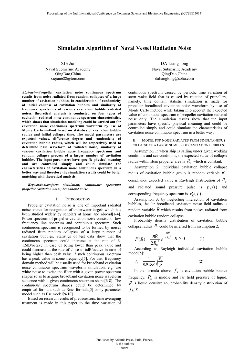 Simulation Algorithm of Naval Vessel Radiation Noise