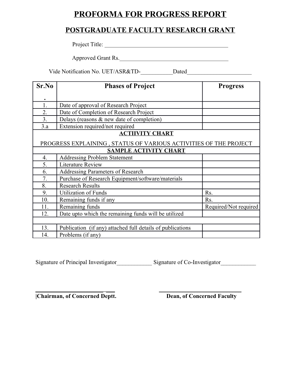 Proforma for Progress Report