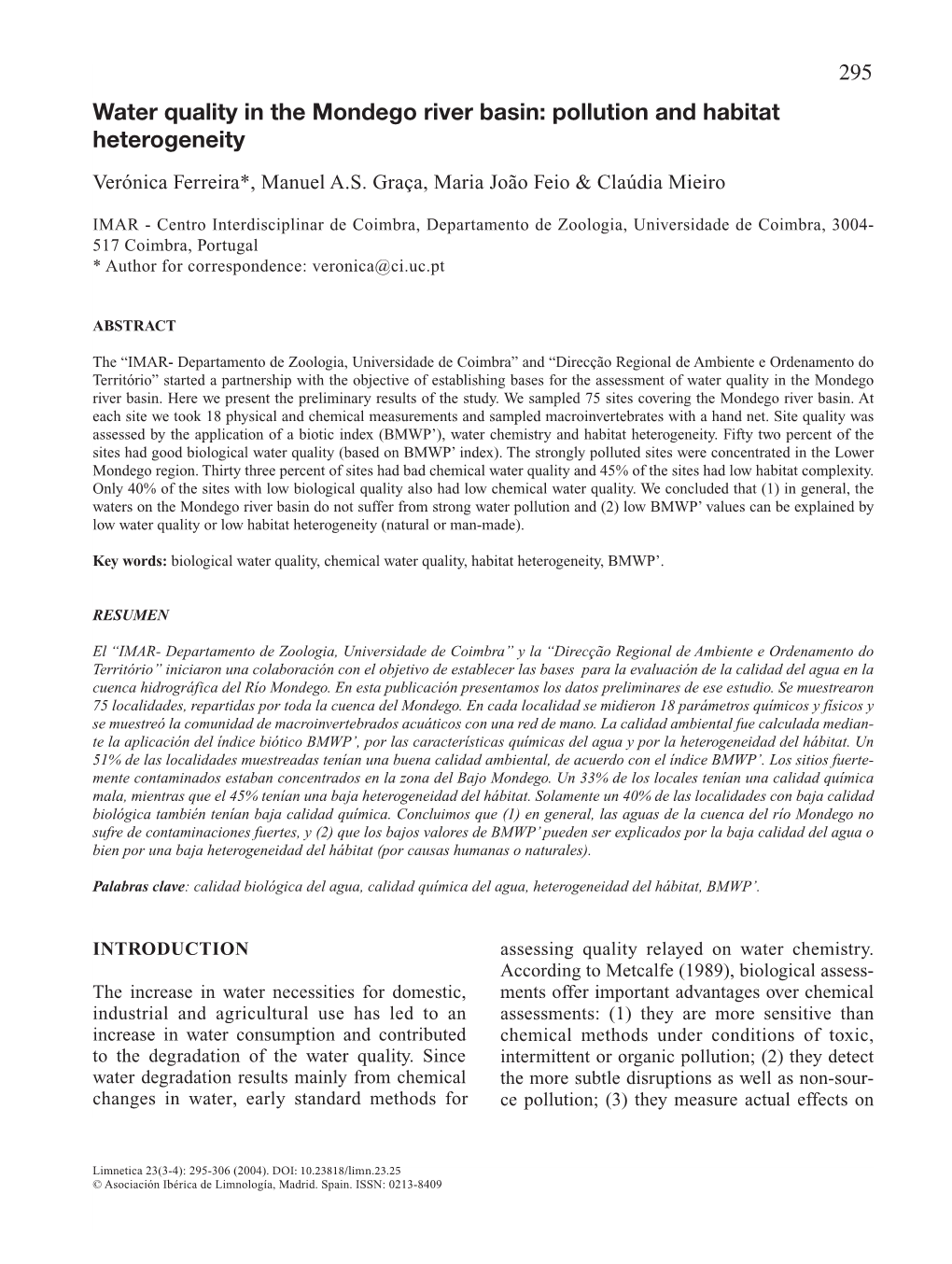 Water Quality in the Mondego River Basin: Pollution and Habitat Heterogeneity