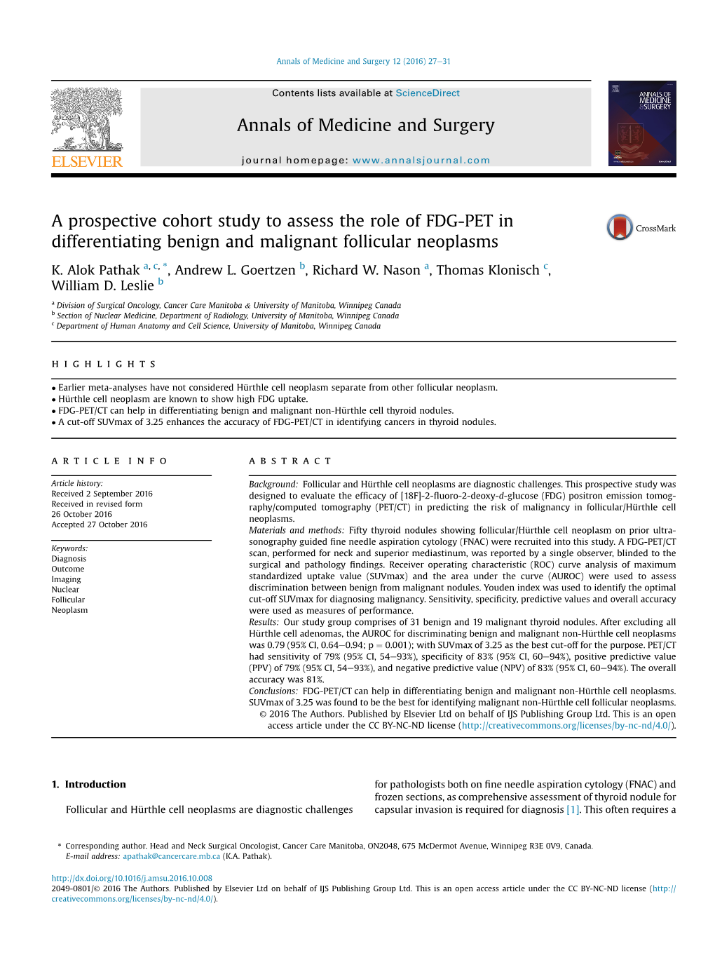 A Prospective Cohort Study to Assess the Role of FDG-PET in Differentiating Benign and Malignant Follicular Neoplasms