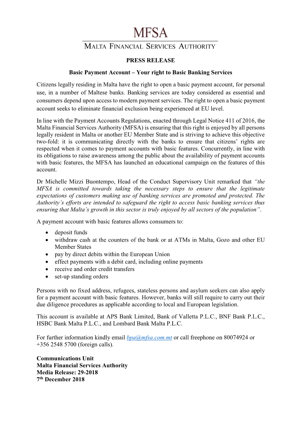 PRESS RELEASE Basic Payment Account – Your Right to Basic