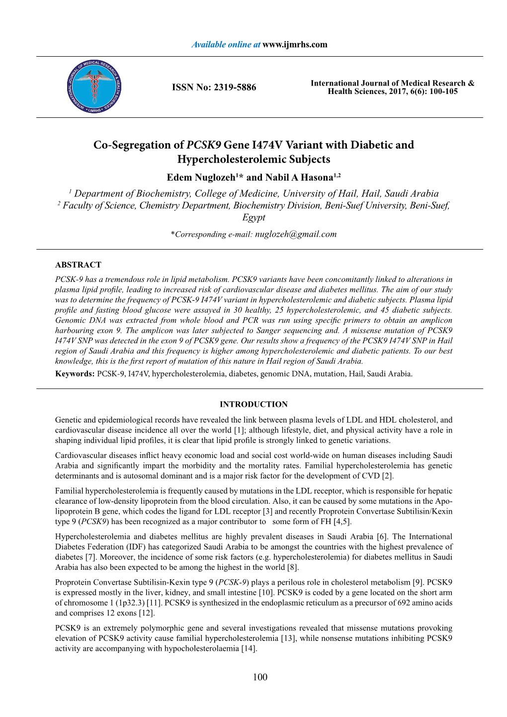 Co-Segregation of PCSK9 Gene I474V Variant with Diabetic And