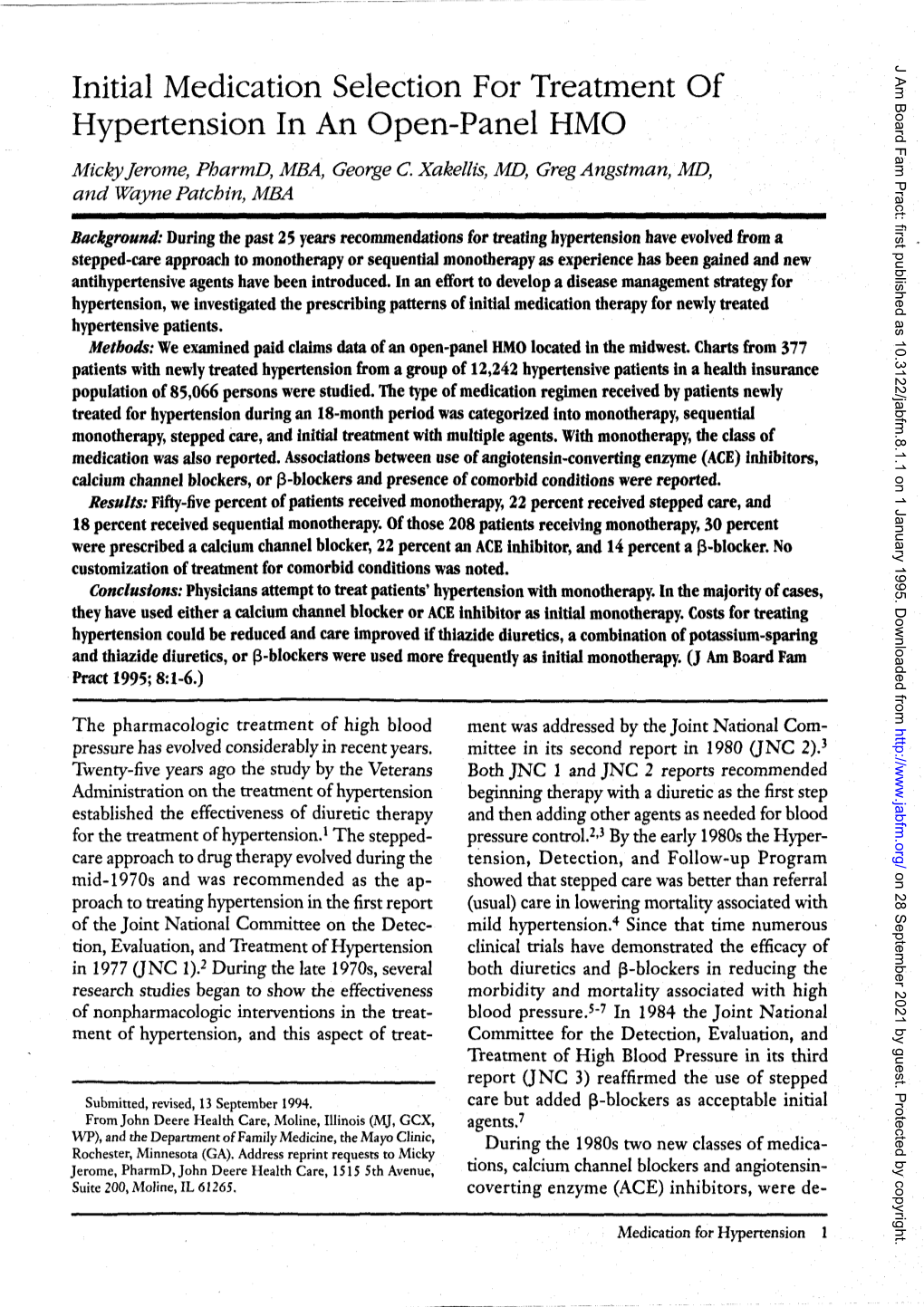 Initial Medication Selection for Treatment of Hypertension in an Open-Panel HMO